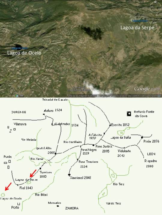 Complejo de lagunas glaciares en el macizo de Peña Trevinca. Fuente: Google Earth y http://www.trevinca.es/