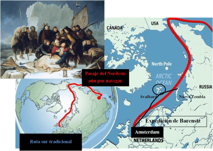 En rojo el Pasaje del Nordeste. Ruta de Barentsz en negro.